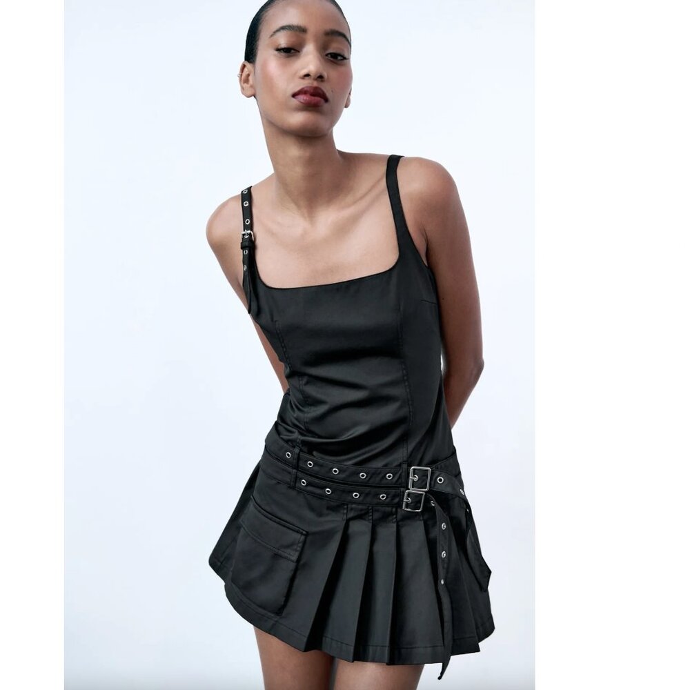 Zara Waxed Box Pleat Mini Dress Black NWT
